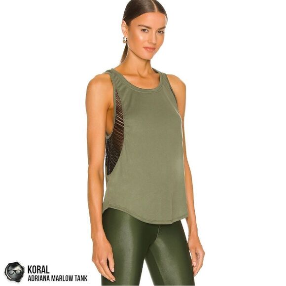 KORAL ACTIVEWEAR ADRIANA MARLOW MESH PANEL TANK IN JUNIPER & BLACK WOMEN SMALL - Picture 2 of 14